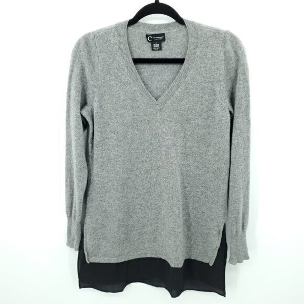C by Bloomingdale 100% Cashmere Split Hem Tunic Sweater M Gray/Sheer Black Hem